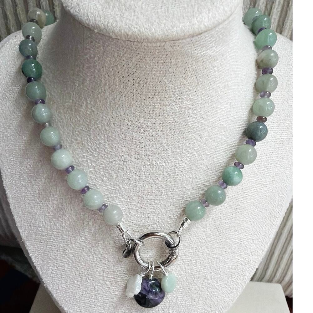 19" Beaded Gemstone Necklace, Milky Green Jade, Amethyst, Mother of Pearl, Charm